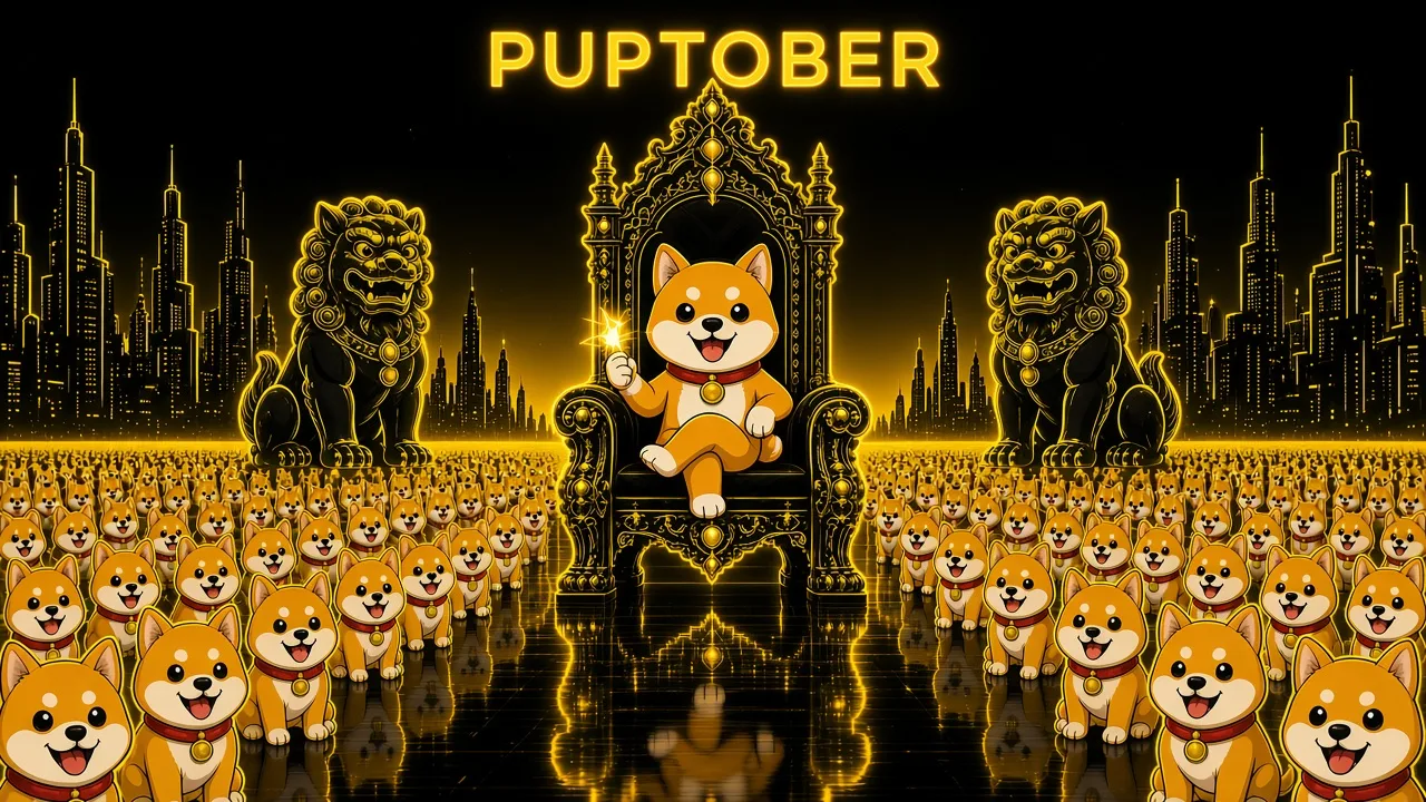 Puptober pup on a throne above an army of golden pups in a neon city